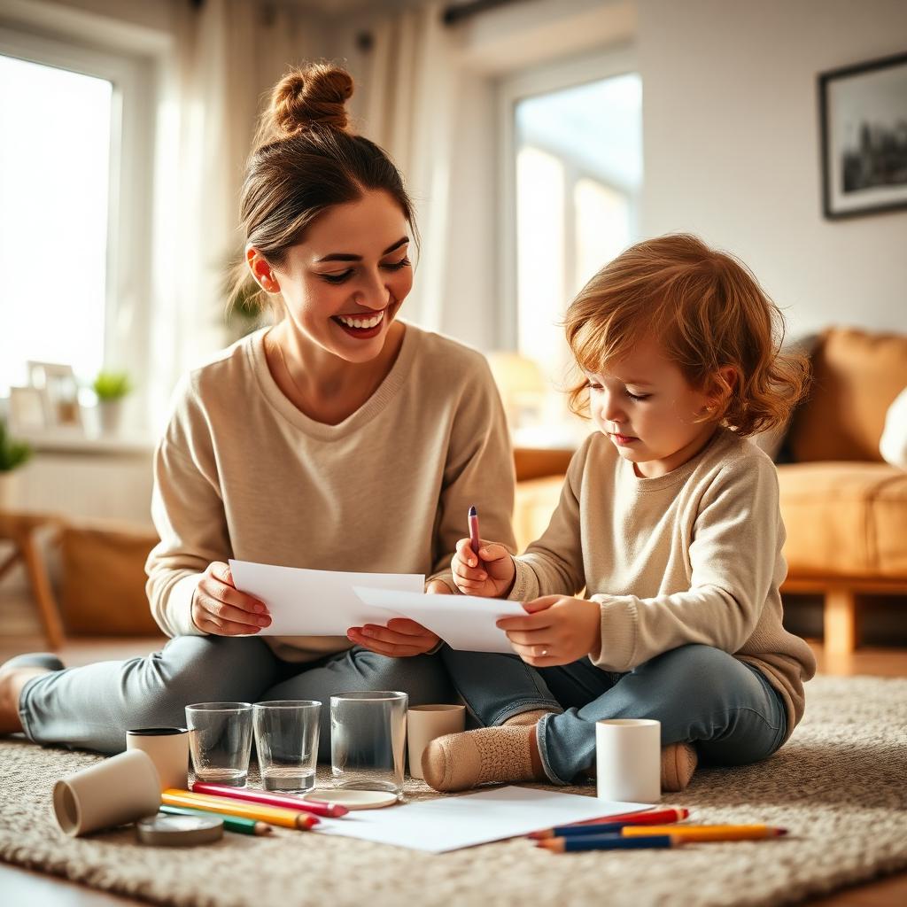 Mãe e filho brincando juntos em casa, sem telas